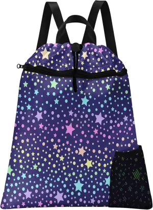 Starry Galaxy Gym Drawstring Backpack Waterproof Unicorn Princess Rainbow Girl Swimming Beach Sackpack, Sports Yoga Dance Travel String Bag Gift Bags with Water Bottle Pocket