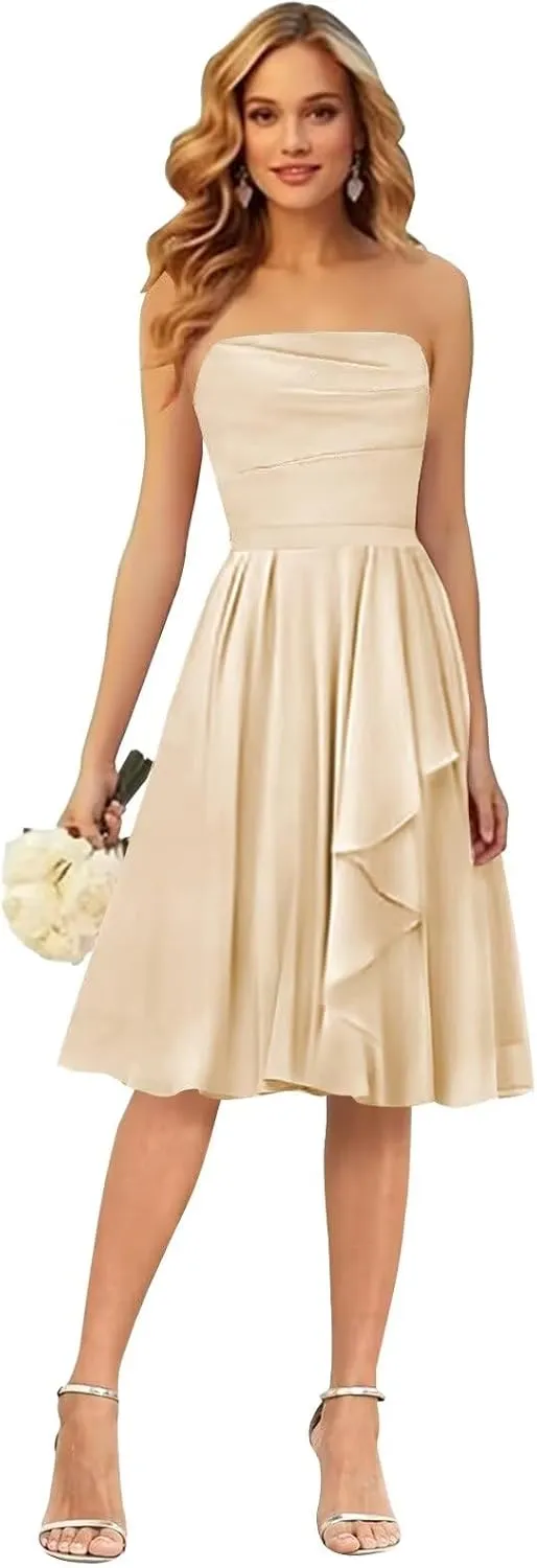 Strapless Bridesmaid Dresses for Wedding Short Chiffon Ruffle Evening Gown