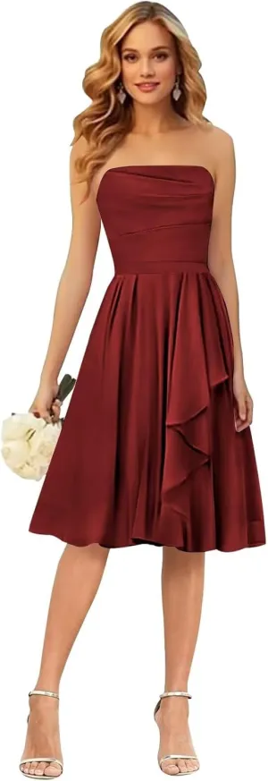 Strapless Bridesmaid Dresses for Wedding Short Chiffon Ruffle Evening Gown