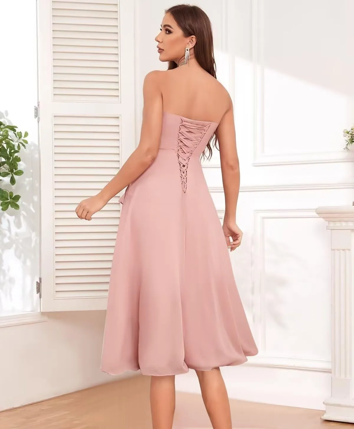 Strapless Bridesmaid Dresses for Wedding Short Chiffon Ruffle Evening Gown