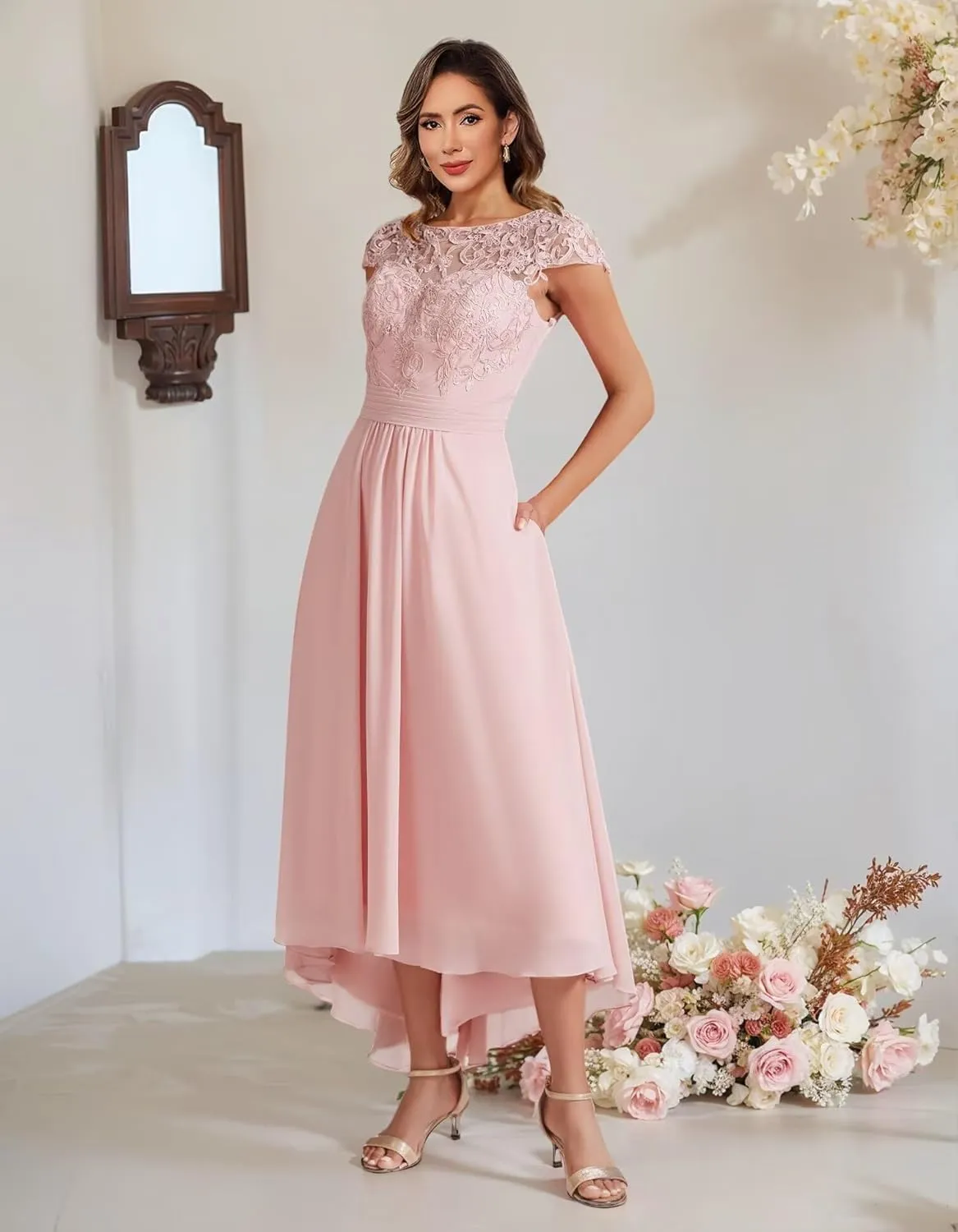 Stylefun Chiffon Cap Sleeve Mother of The Bride Dress Long 2025 Tulle Lace A Line Evening Party Gowns with Pockets CYM190