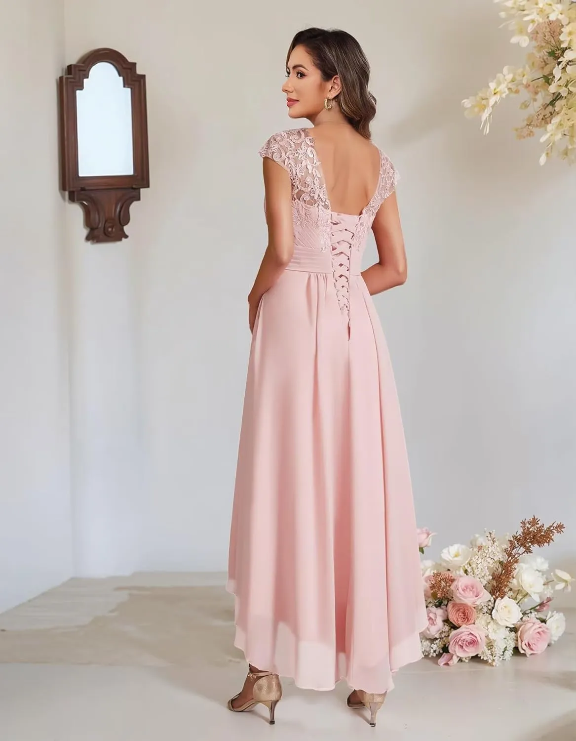Stylefun Chiffon Cap Sleeve Mother of The Bride Dress Long 2025 Tulle Lace A Line Evening Party Gowns with Pockets CYM190