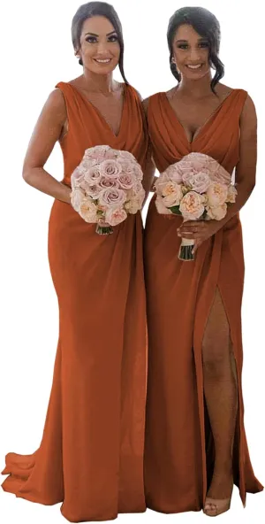 Sukleet Women's V Neck Bridesmaid Dresses for Wedding Wrap Chiffon Long Formal Dresses with Slit