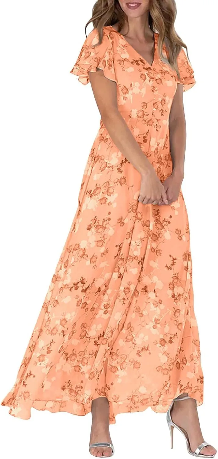 Summer Dress for Women 2025,Swing Flowy Ruffle Hem Casual Chiffon Beach Dresses