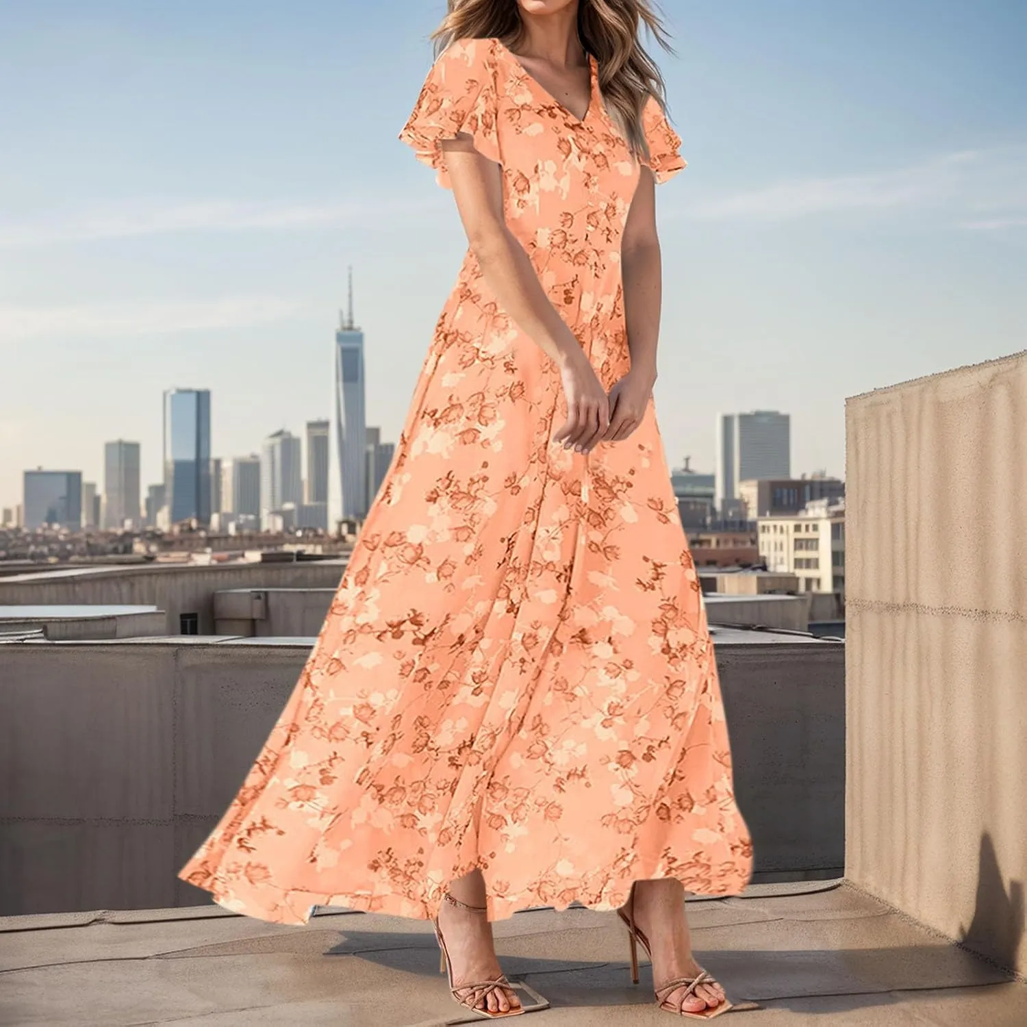 Summer Dress for Women 2025,Swing Flowy Ruffle Hem Casual Chiffon Beach Dresses