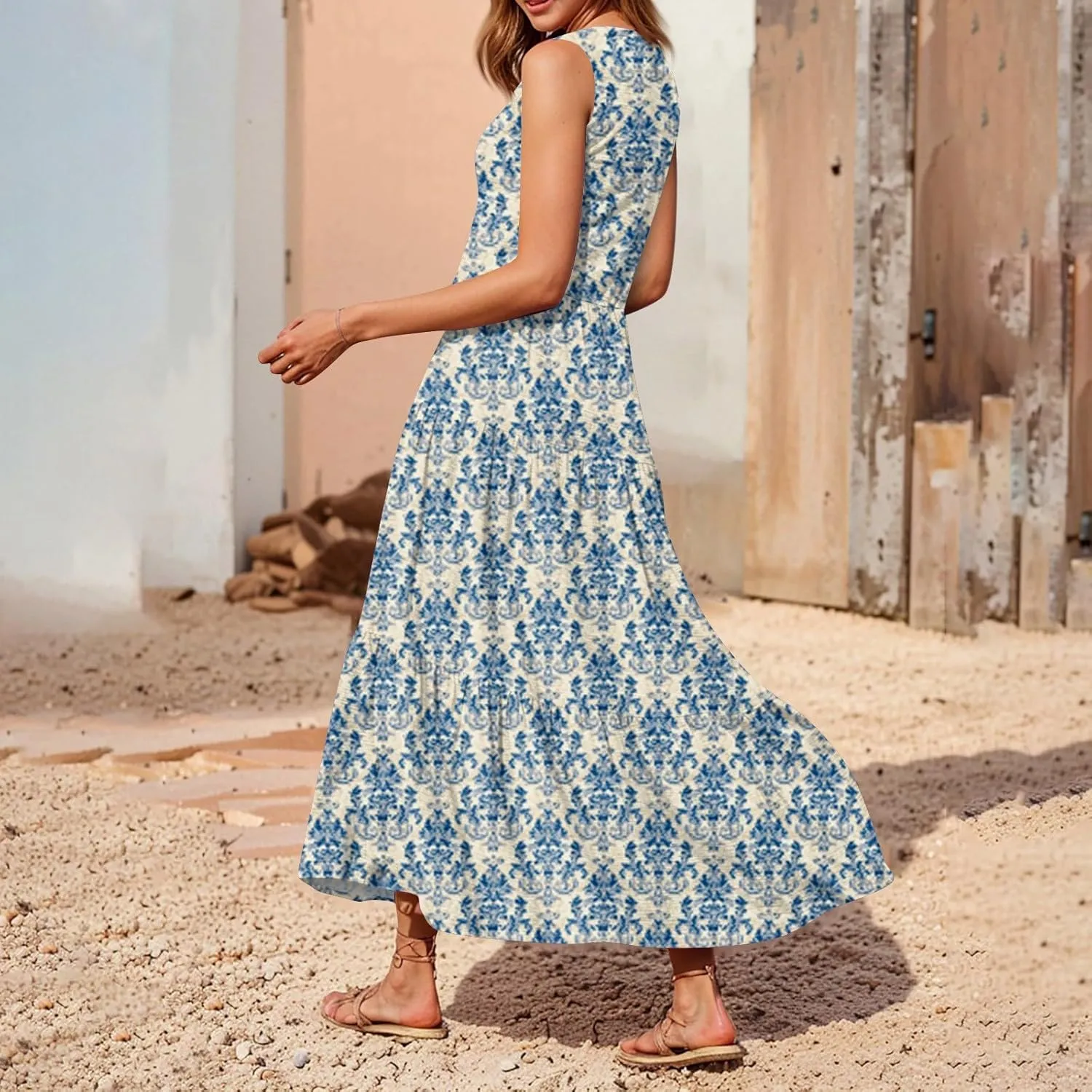 Summer Dresses for Women 2025 Casual Midi Maxi Dresses Lightweight V Neck Elastic Waist Boho Beach Dress
