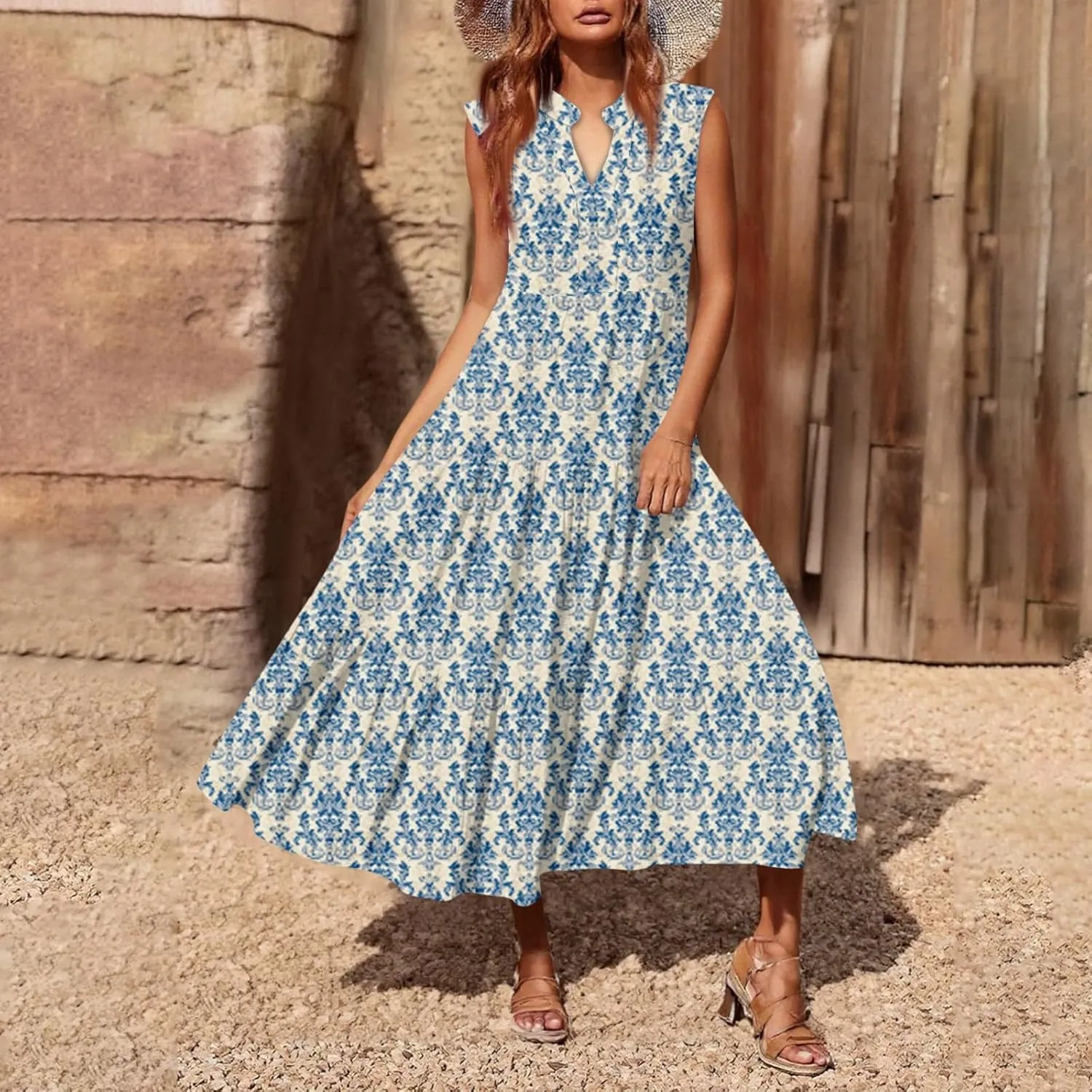 Summer Dresses for Women 2025 Casual Midi Maxi Dresses Lightweight V Neck Elastic Waist Boho Beach Dress