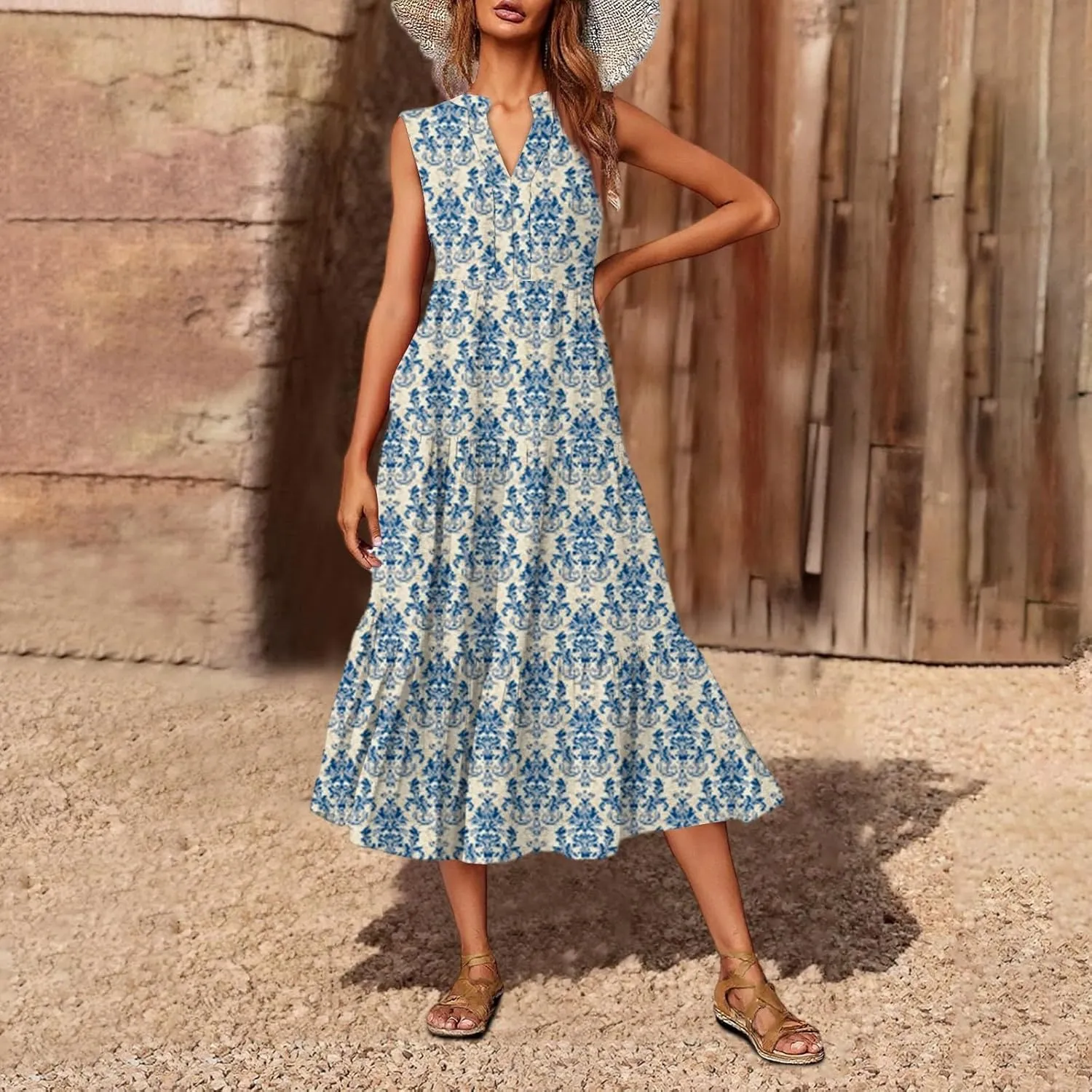 Summer Dresses for Women 2025 Casual Midi Maxi Dresses Lightweight V Neck Elastic Waist Boho Beach Dress
