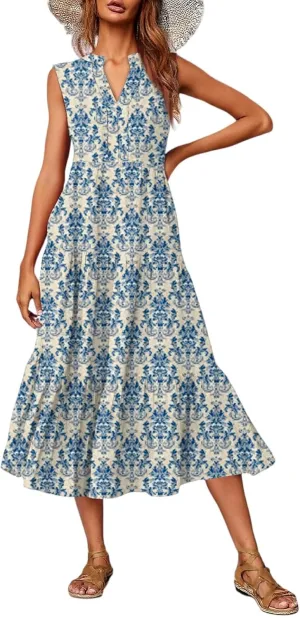 Summer Dresses for Women 2025 Casual Midi Maxi Dresses Lightweight V Neck Elastic Waist Boho Beach Dress