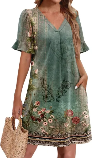 Summer Dresses for Women Ruffle Floral Midi Cottage Core Country Concert Beach Vacation Flowy Dresses That Hide Tummy Bulge