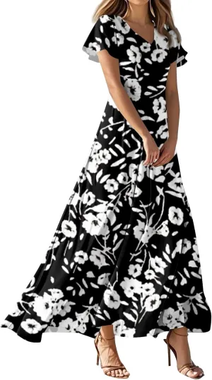 Summer Maxi Dresses for Women 2025 Flowy Casual Floral Wedding Guest Dresses Beach Vacation V Neck Long Sundresses Boho Empire Waist Aline Short Sleeve Party Dress Elegant Dress