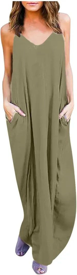 Sun Dresses for Women Strappy V Neck Sleeveless Flowy Deesses Casual Loose Long Maxi Beach Sundress with Pockets