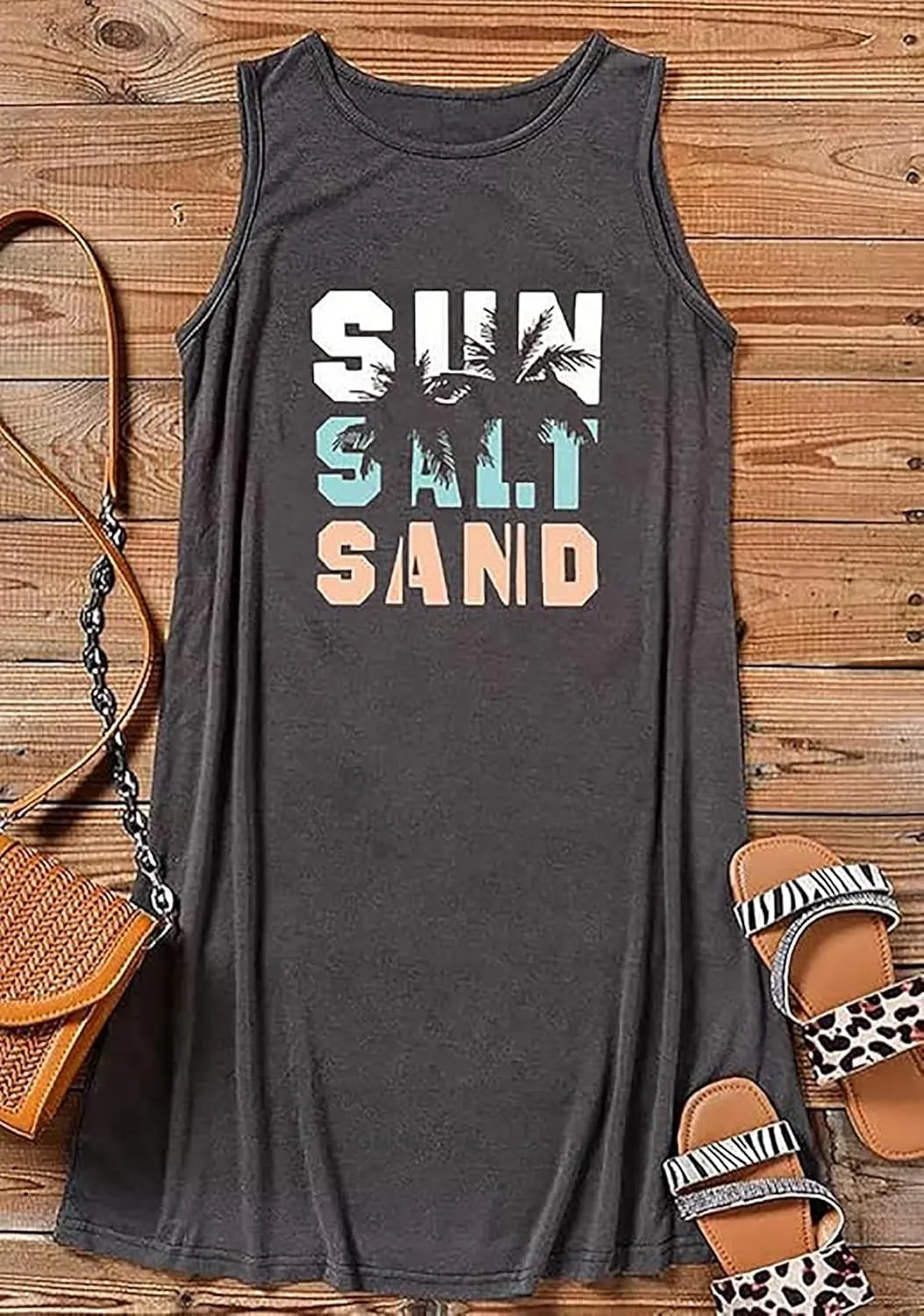 Sun Salt Sand Coconut Tree Tank Mini Dress for Women Sleeveless Beach Praty Shirts Summer Vacation Short Mini Dresses