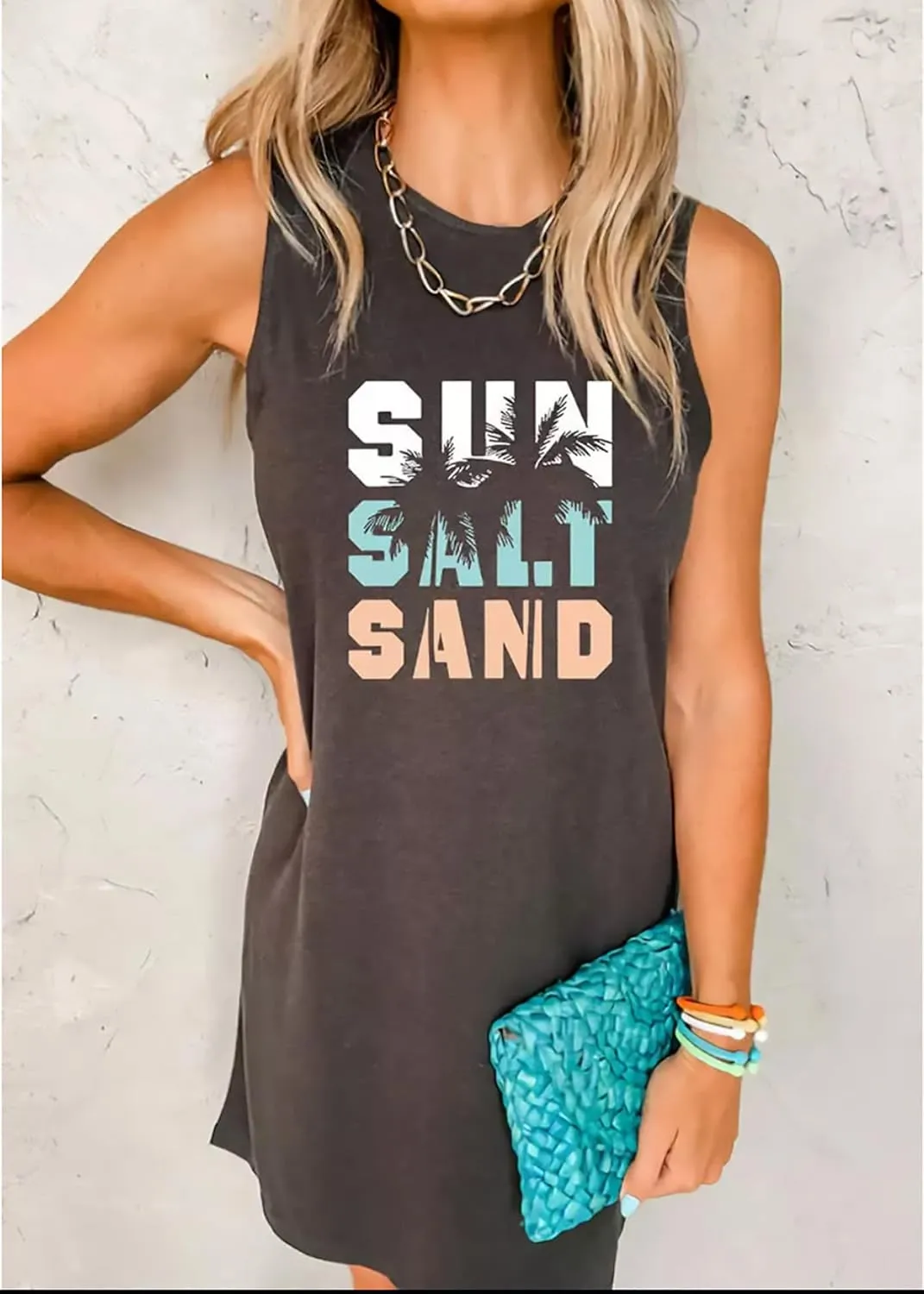 Sun Salt Sand Coconut Tree Tank Mini Dress for Women Sleeveless Beach Praty Shirts Summer Vacation Short Mini Dresses