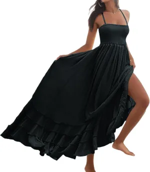 Sundresses for Women 2025 Sleeveless Spaghetti Strap Cami Dress Pleated Straight Flowy Long Maxi Tropical Dress