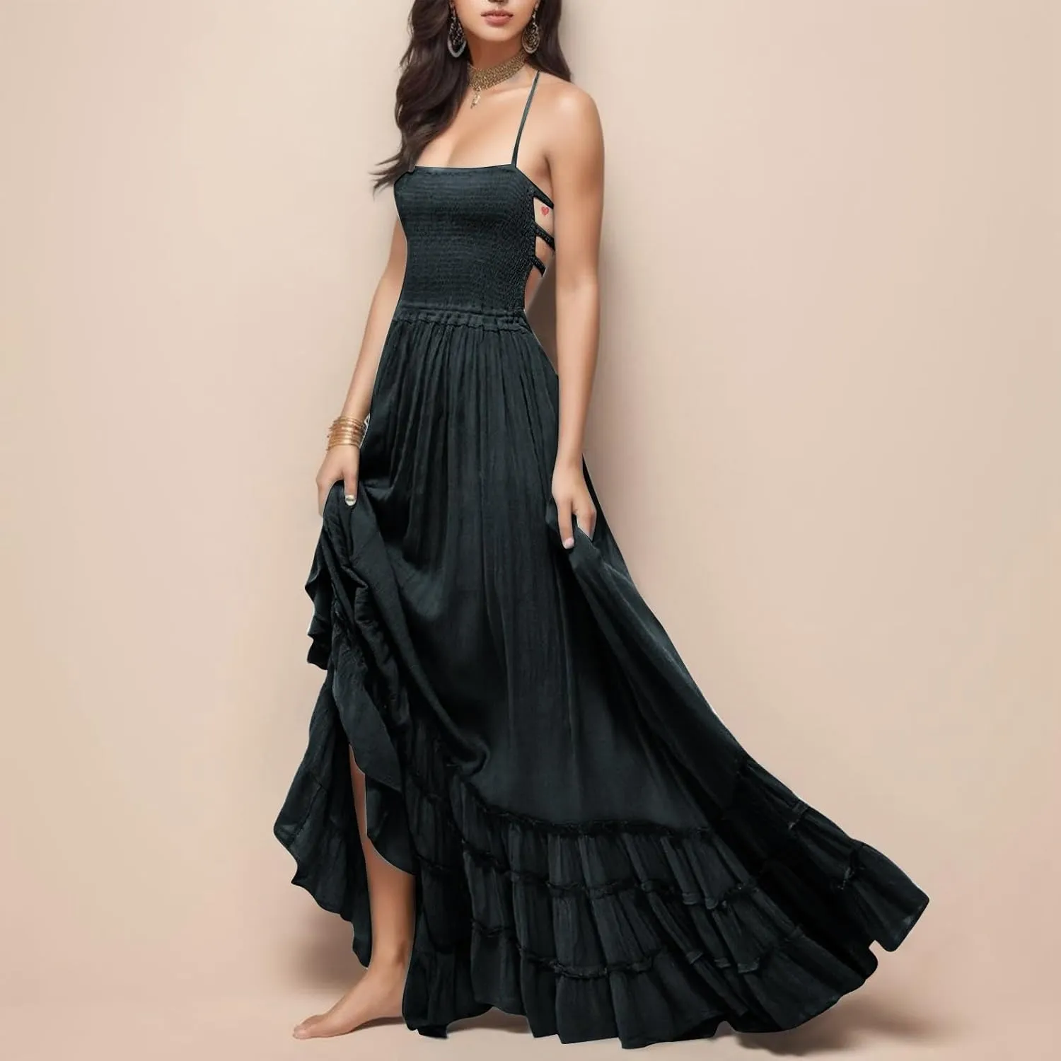 Sundresses for Women 2025 Sleeveless Spaghetti Strap Cami Dress Pleated Straight Flowy Long Maxi Tropical Dress