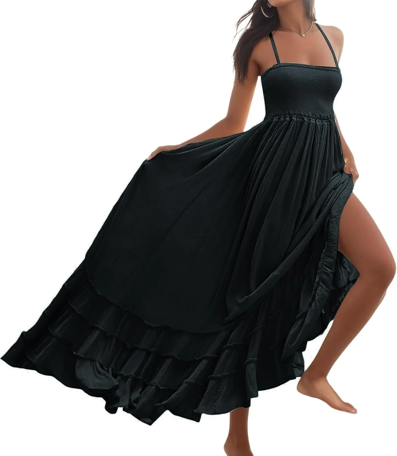 Sundresses for Women 2025 Sleeveless Spaghetti Strap Cami Dress Pleated Straight Flowy Long Maxi Tropical Dress