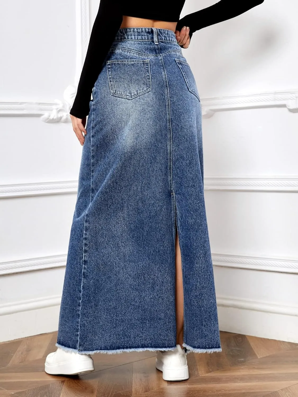 SweatyRocks Women's Casual Raw Hem High Waist Jean Skirt Long A Line Denim Skirts with Pocket