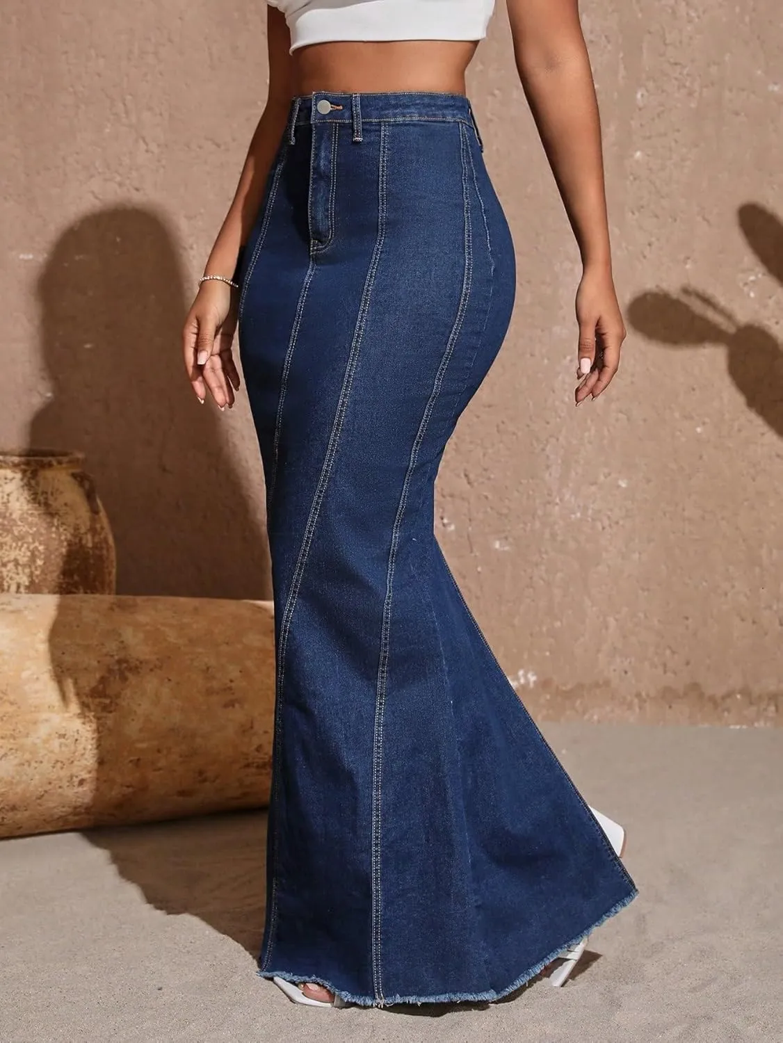 SweatyRocks Women's Casual Raw Hem High Waist Jean Skirt Long A Line Denim Skirts with Pocket