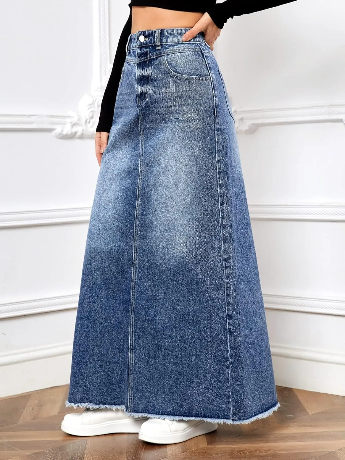 SweatyRocks Women's Casual Raw Hem High Waist Jean Skirt Long A Line Denim Skirts with Pocket