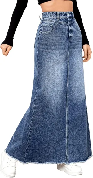 SweatyRocks Women's Casual Raw Hem High Waist Jean Skirt Long A Line Denim Skirts with Pocket
