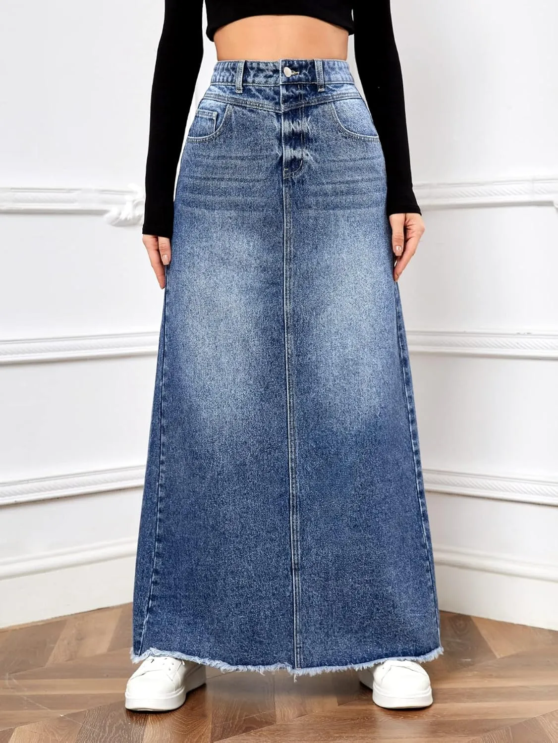 SweatyRocks Women's Casual Raw Hem High Waist Jean Skirt Long A Line Denim Skirts with Pocket