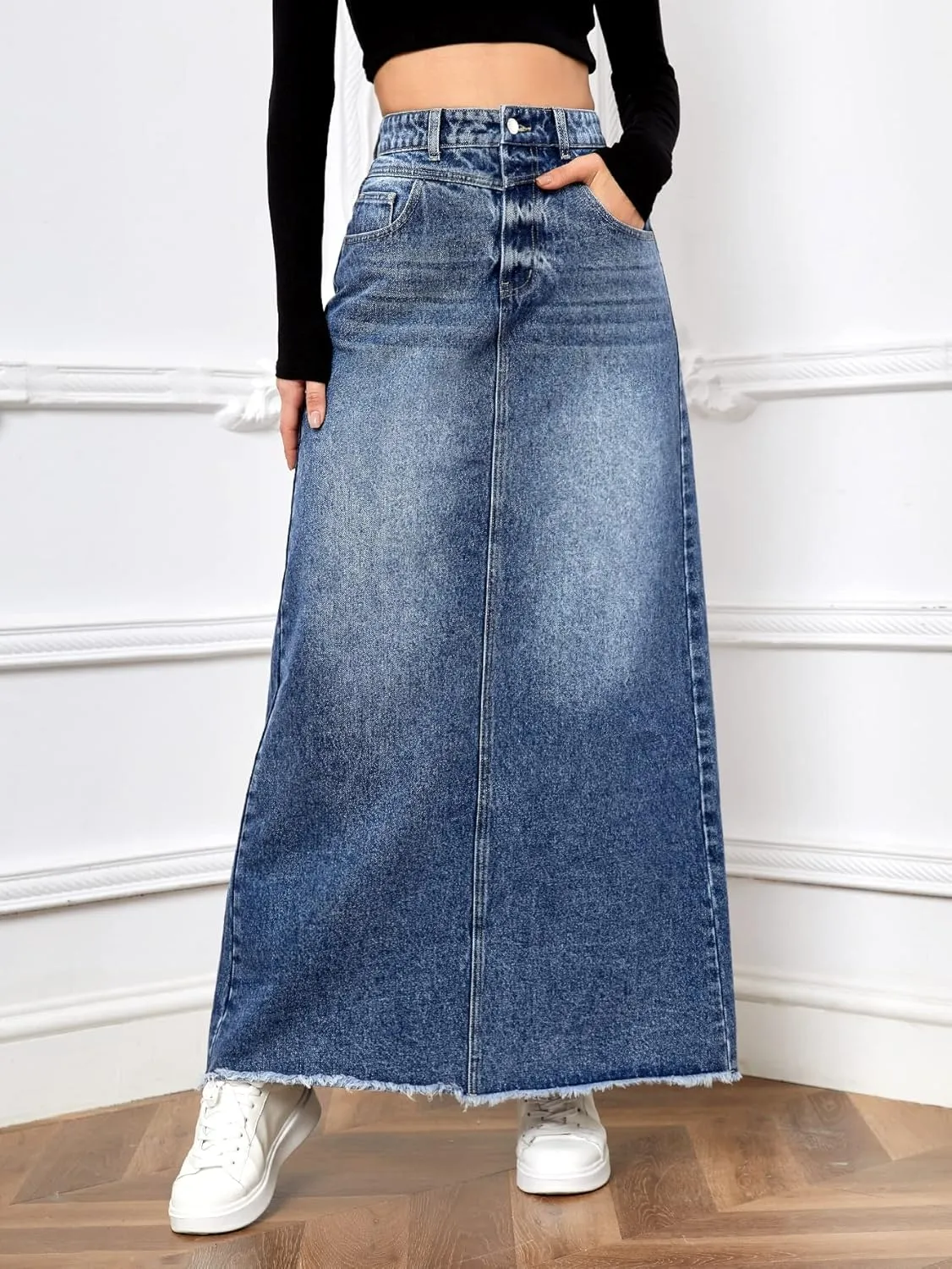 SweatyRocks Women's Casual Raw Hem High Waist Jean Skirt Long A Line Denim Skirts with Pocket