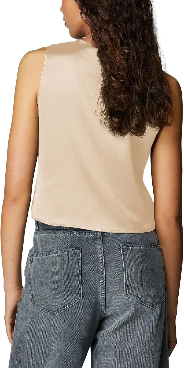 Tankaneo Womens Tie Front Tank Tops Summer V Neck Satin Sleeveless Club Sexy Y2K Cami Crop Tops