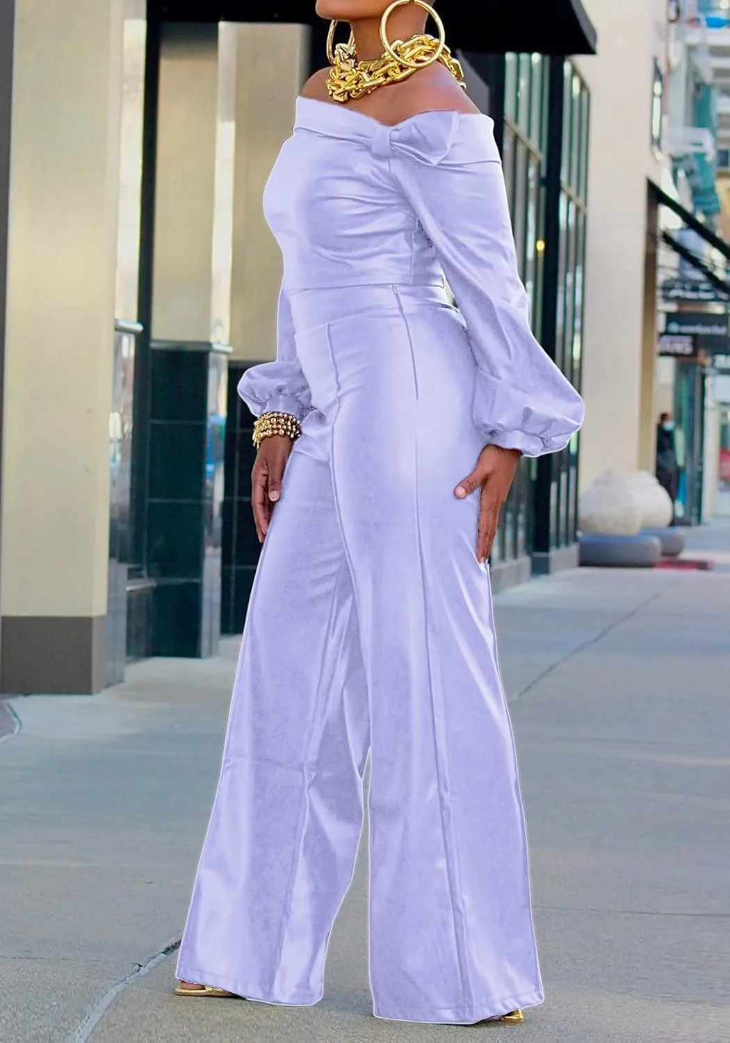 Tcremisa Women's Faux Leather 2 Piece Outfits Sexy Long Sleeve Off Shoulder Crop Tops and Pu Wide Leg Pants Set