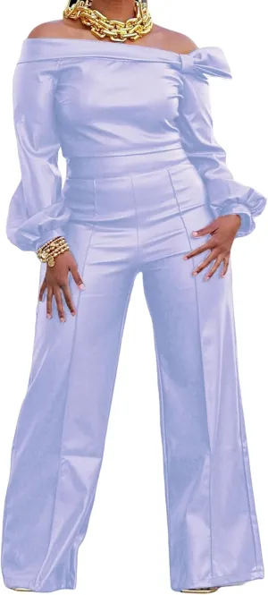Tcremisa Women's Faux Leather 2 Piece Outfits Sexy Long Sleeve Off Shoulder Crop Tops and Pu Wide Leg Pants Set