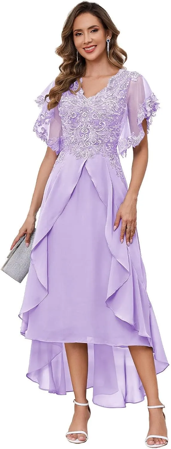 Tea Length Mother of The Bride Dresses for Wedding with Sleeves Lace Chiffon A Line Formal Wedding Guest Dress