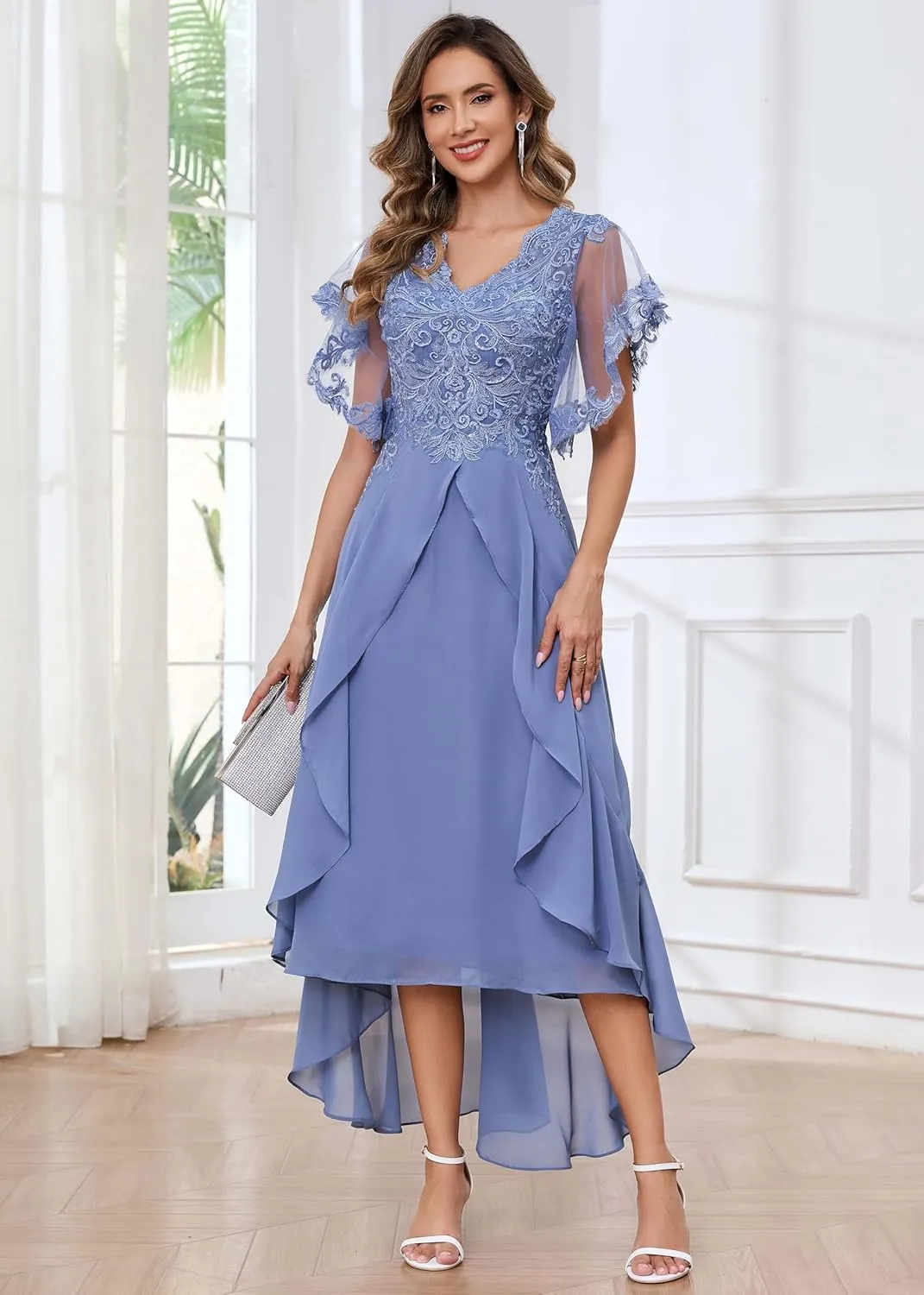 Tea Length Mother of The Bride Dresses for Wedding with Sleeves Lace Chiffon A Line Formal Wedding Guest Dress