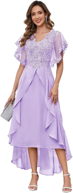 Tea Length Mother of The Bride Dresses for Wedding with Sleeves Lace Chiffon A Line Formal Wedding Guest Dress