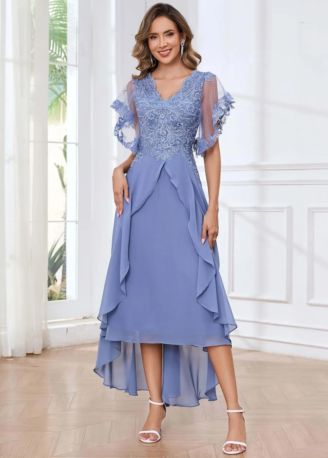 Tea Length Mother of The Bride Dresses for Wedding with Sleeves Lace Chiffon A Line Formal Wedding Guest Dress