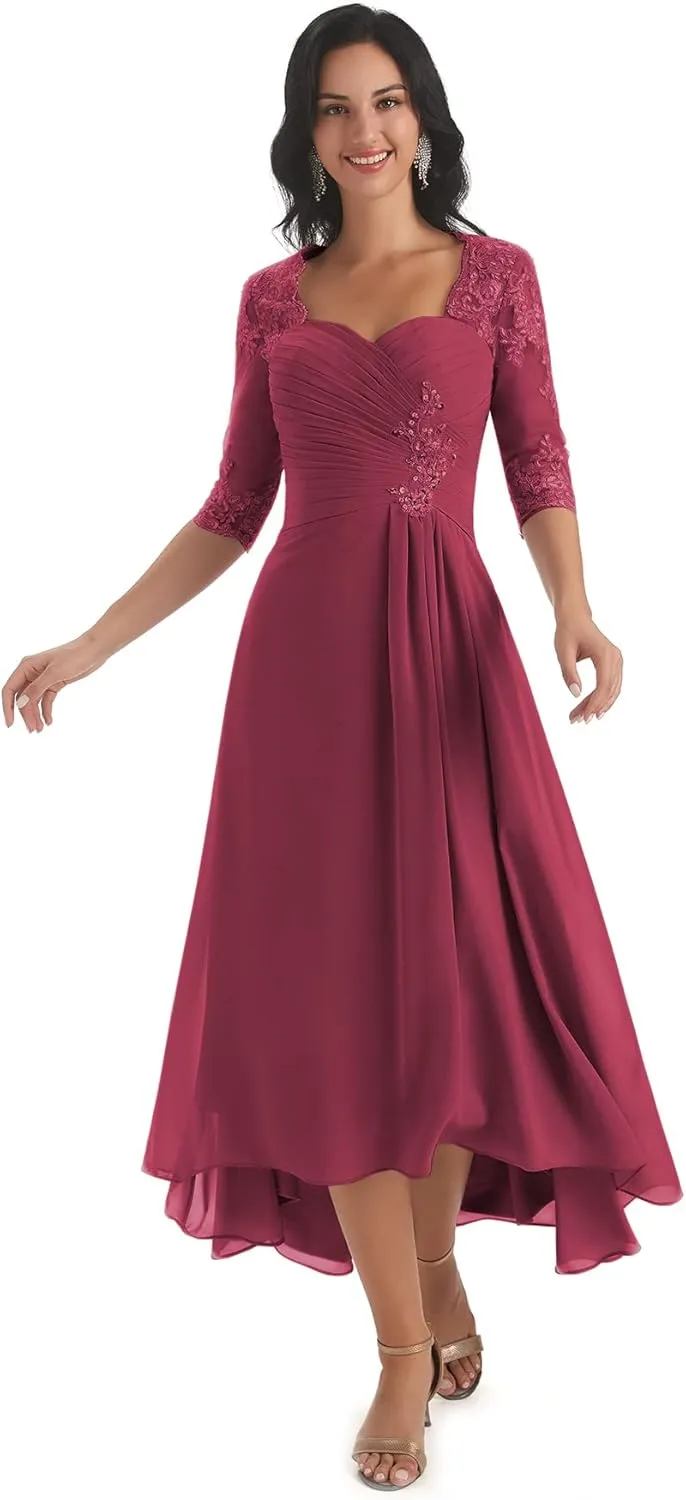 Tea Length Mother of The Bride Dresses with Sleeves Lace Chiffon Long Formal Gowns Bridesmaid Dress