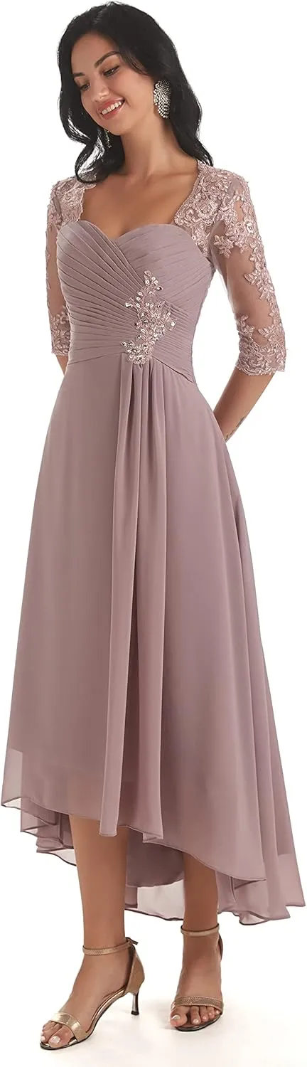 Tea Length Mother of The Bride Dresses with Sleeves Lace Chiffon Long Formal Gowns Bridesmaid Dress