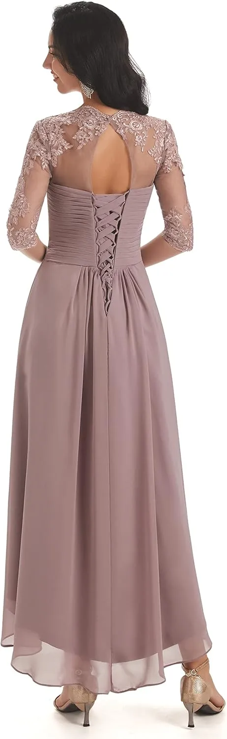 Tea Length Mother of The Bride Dresses with Sleeves Lace Chiffon Long Formal Gowns Bridesmaid Dress