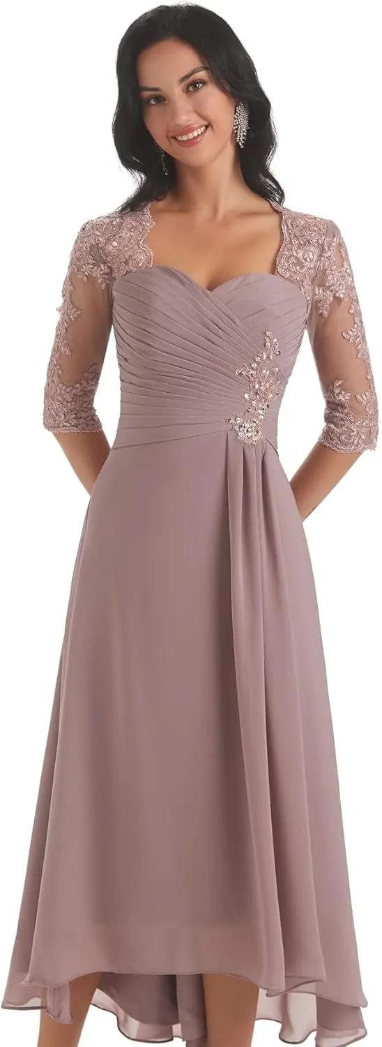 Tea Length Mother of The Bride Dresses with Sleeves Lace Chiffon Long Formal Gowns Bridesmaid Dress
