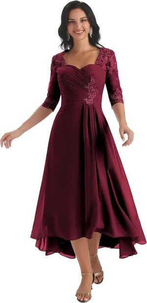 Tea Length Mother of The Bride Dresses with Sleeves Lace Chiffon Long Formal Gowns Bridesmaid Dress