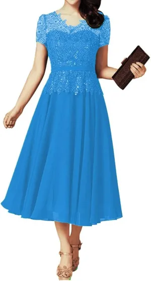 Tea Length Mother of The Bride Dresses with Sleeves Laces Appliques Beaded Mother of The Groom Dresses for Wedding