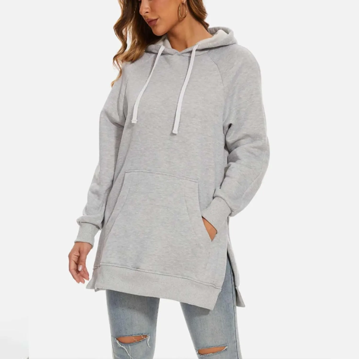 The Warmy Oversized Hoodie Dress for Women Split Hem Pullover Long Sweatshirt with Pocket Valentines Day Gift for Her