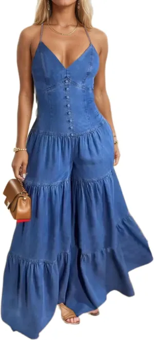 TIAFORD Sexy Halter Jumpsuits for Women V Neck Backless Adjustable Spaghetti Strap Sleeveless Ruffle Wide Leg Pants Romper