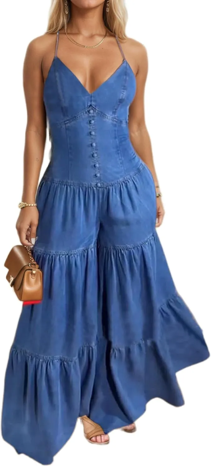 TIAFORD Sexy Halter Jumpsuits for Women V Neck Backless Adjustable Spaghetti Strap Sleeveless Ruffle Wide Leg Pants Romper