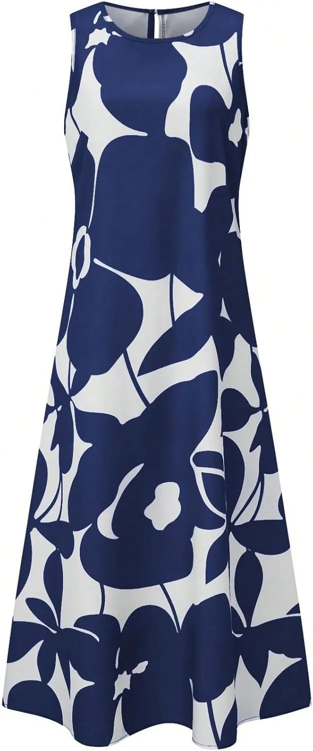 TIAFORD Women Boho Sleeveless Maxi Dress Casual Loose Crew Neck Tank Dress Summer Flowy Floral Print Long Beach Sundress