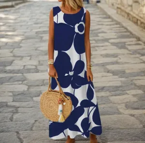 TIAFORD Women Boho Sleeveless Maxi Dress Casual Loose Crew Neck Tank Dress Summer Flowy Floral Print Long Beach Sundress