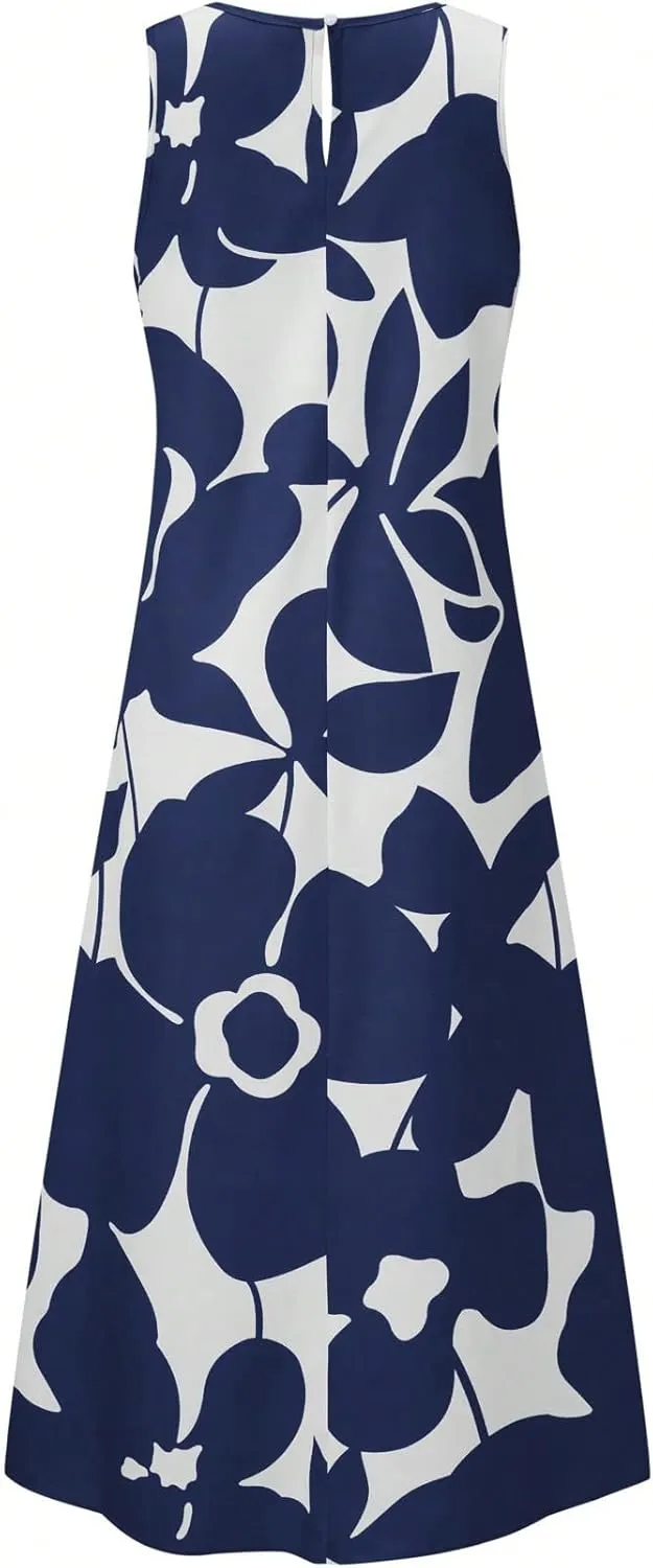 TIAFORD Women Boho Sleeveless Maxi Dress Casual Loose Crew Neck Tank Dress Summer Flowy Floral Print Long Beach Sundress