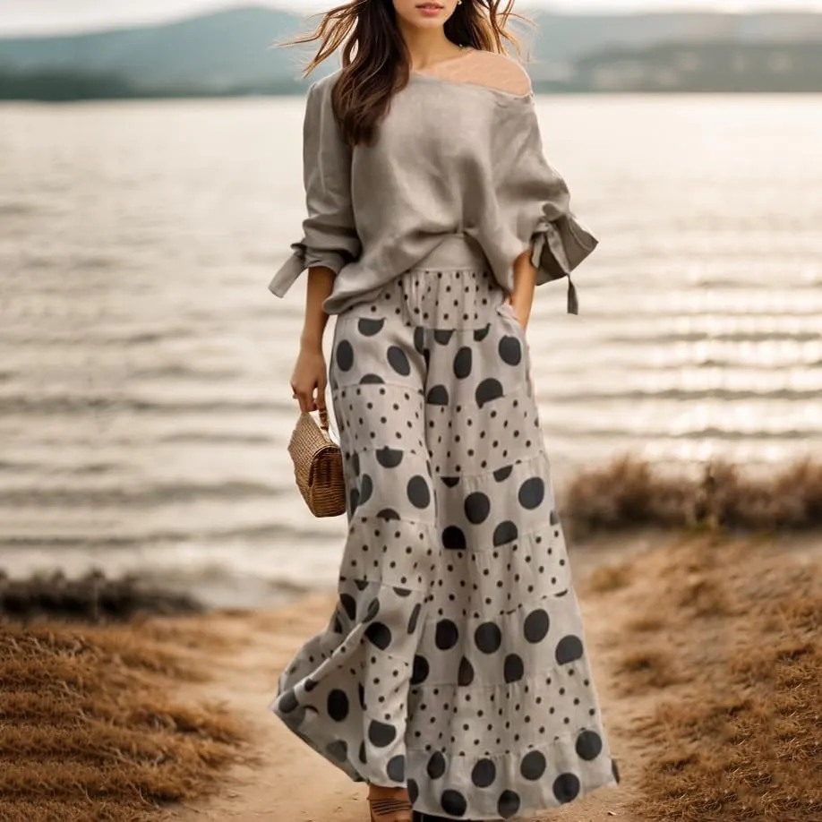 TIAFORD Women Casual 2 Piece Outfits Dressy Long Sleeve Set Off Shoulder Tops Polk Dot Wide Leg Palazzo Pants Suits