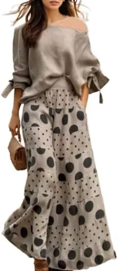 TIAFORD Women Casual 2 Piece Outfits Dressy Long Sleeve Set Off Shoulder Tops Polk Dot Wide Leg Palazzo Pants Suits