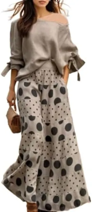 TIAFORD Women Casual 2 Piece Outfits Dressy Long Sleeve Set Off Shoulder Tops Polk Dot Wide Leg Palazzo Pants Suits