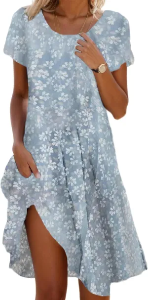 TIAFORD Women's Boho Floral Print Short Sleeve Dress Casual Summer Flowy A Line Swing Beach Vacation Midi Dresses